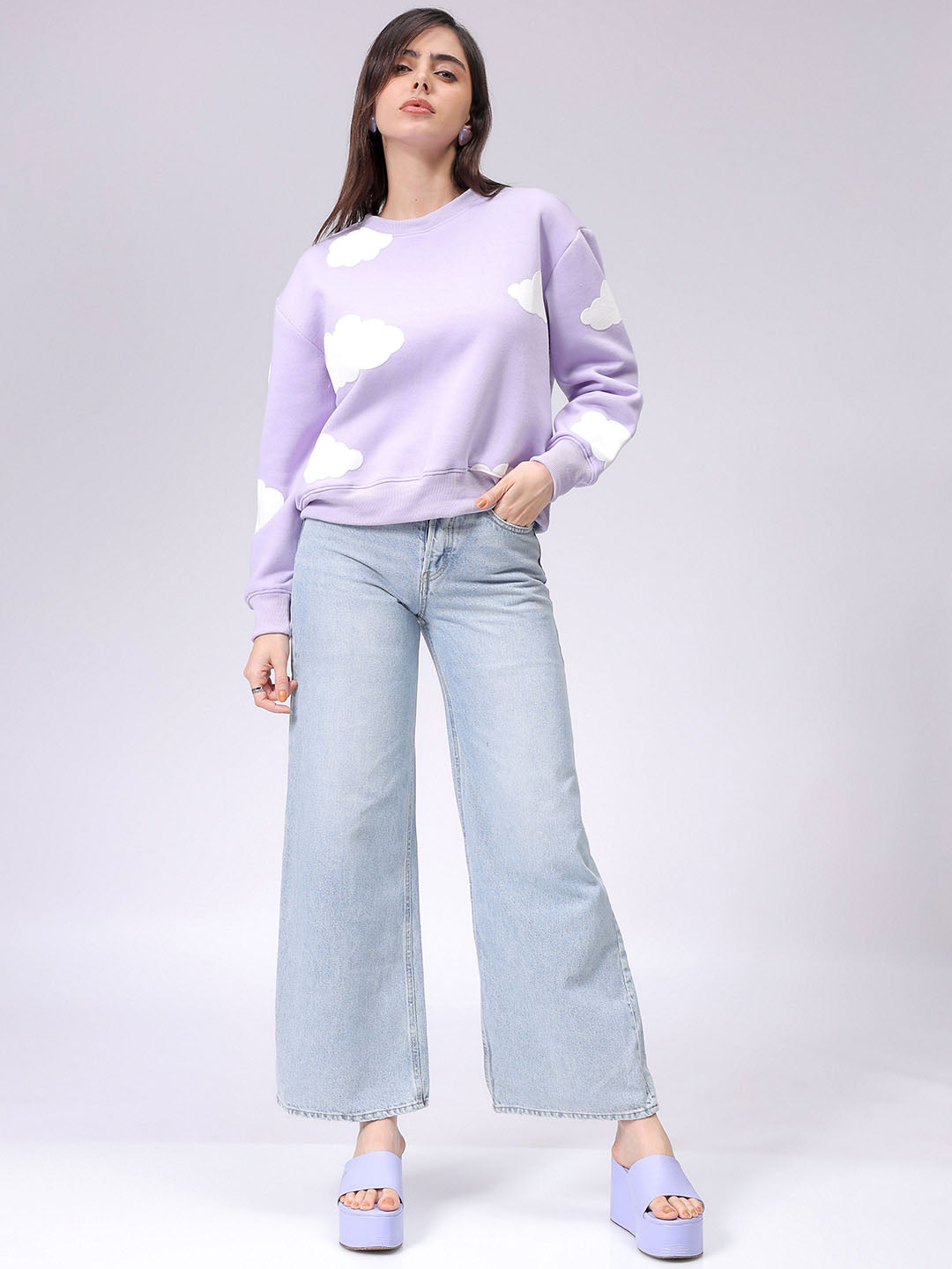 Women's Purple Relaxed Fit Graphic Crewneck Sweatshirt