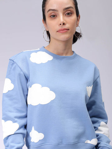 Women's Blue Relaxed Fit Graphic Crewneck Sweatshirt