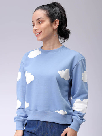 Women's Blue Relaxed Fit Graphic Crewneck Sweatshirt