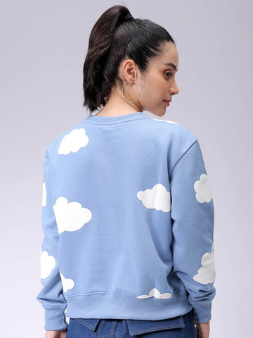 Women's Blue Relaxed Fit Graphic Crewneck Sweatshirt