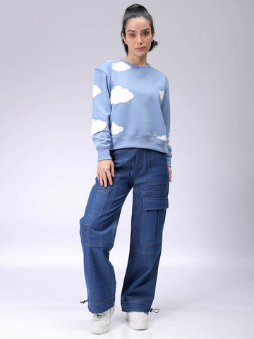 Women's Blue Relaxed Fit Graphic Crewneck Sweatshirt