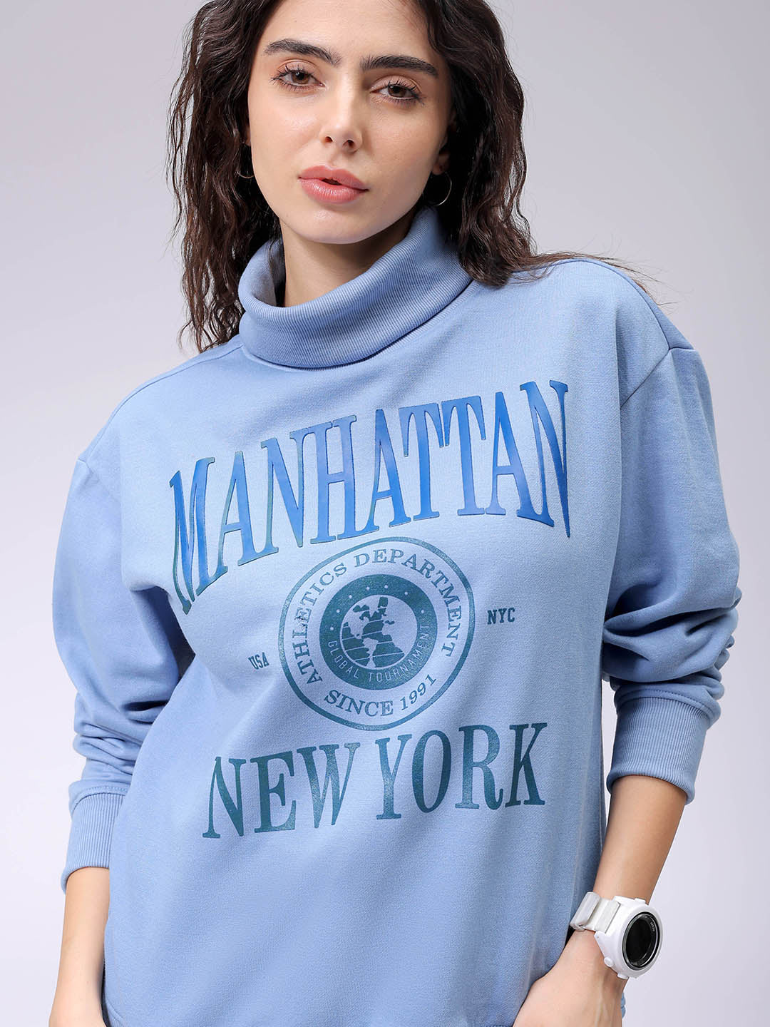 Women's Blue Boxy Typographic Oversized Sweatshirt