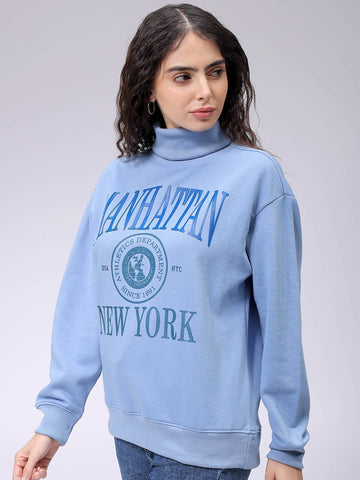 Women's Blue Boxy Typographic Oversized Sweatshirt