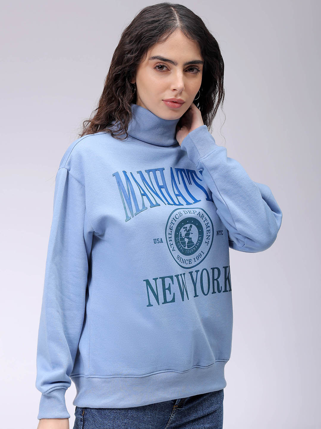 Women's Blue Boxy Typographic Oversized Sweatshirt