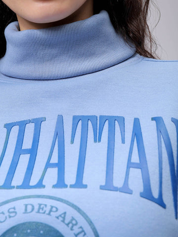 Women's Blue Boxy Typographic Oversized Sweatshirt