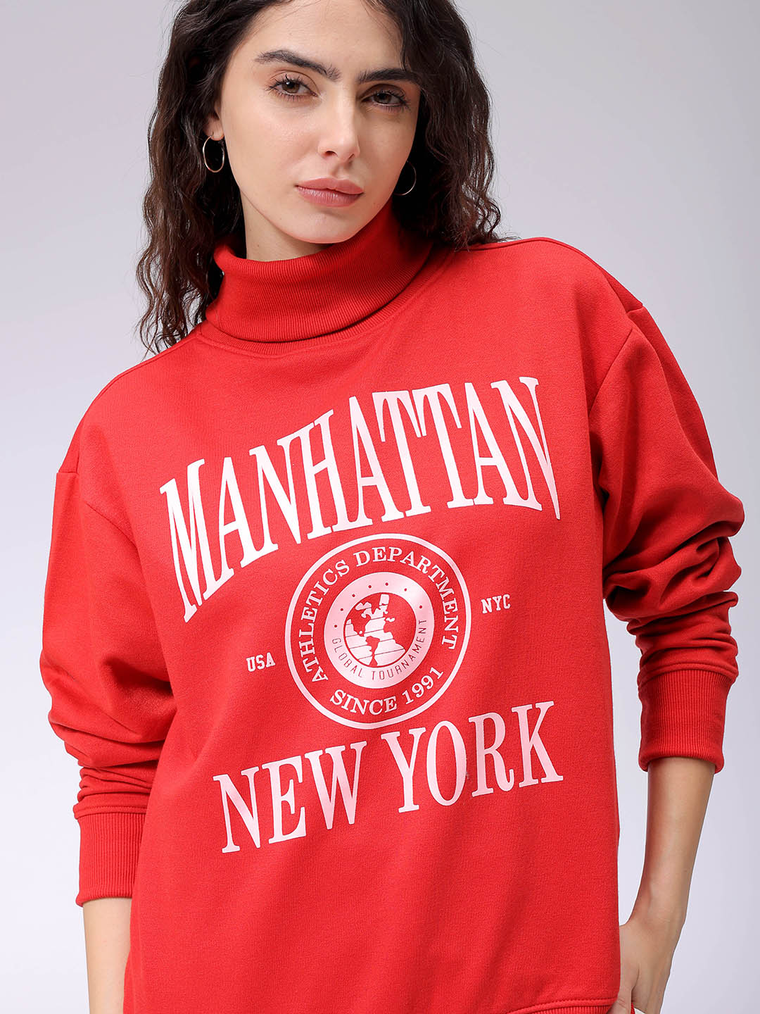 Women's Red Boxy Typographic Oversized Sweatshirt