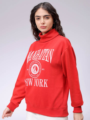 Women's Red Boxy Typographic Oversized Sweatshirt
