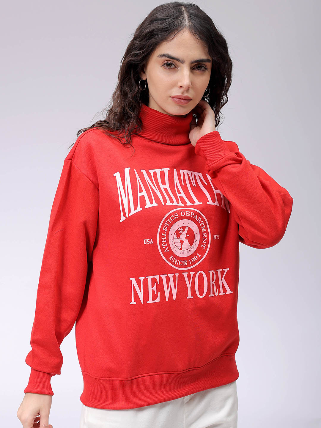 Women's Red Boxy Typographic Oversized Sweatshirt