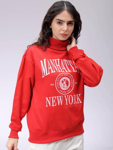 Women's Red Boxy Typographic Oversized Sweatshirt