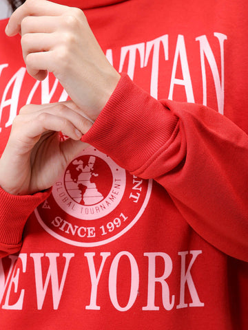 Women's Red Boxy Typographic Oversized Sweatshirt