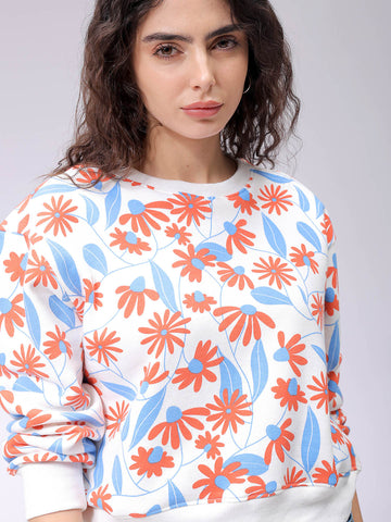 Women's White Relaxed Fit Floral Crewneck Sweatshirt