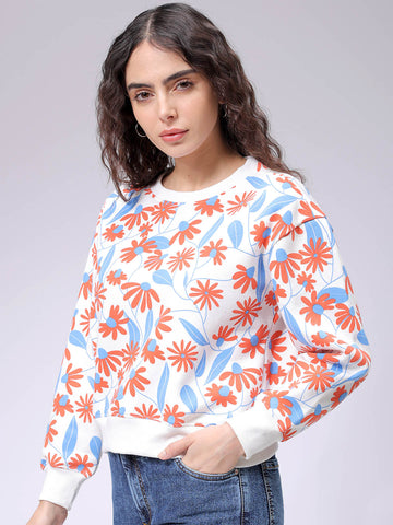 Women's White Relaxed Fit Floral Crewneck Sweatshirt