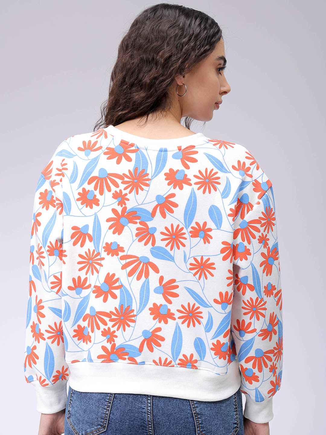 Women's White Relaxed Fit Floral Crewneck Sweatshirt