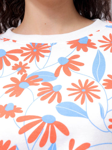 Women's White Relaxed Fit Floral Crewneck Sweatshirt