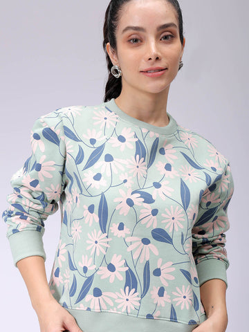 Women's Green Relaxed Fit Floral Crewneck Sweatshirt