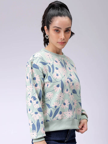 Women's Green Relaxed Fit Floral Crewneck Sweatshirt