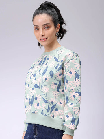 Women's Green Relaxed Fit Floral Crewneck Sweatshirt