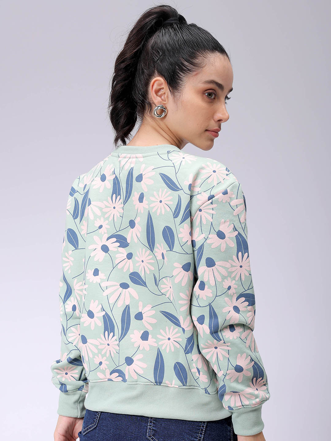 Women's Green Relaxed Fit Floral Crewneck Sweatshirt