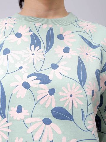 Women's Green Relaxed Fit Floral Crewneck Sweatshirt