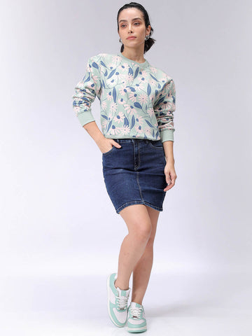 Women's Green Relaxed Fit Floral Crewneck Sweatshirt