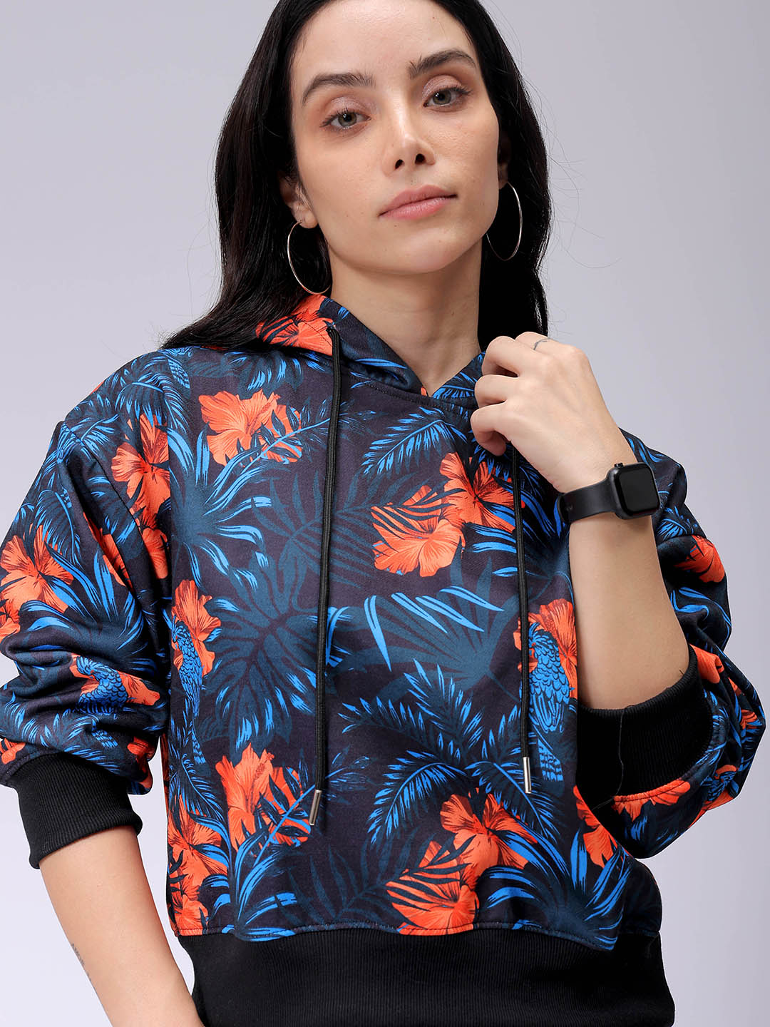 Women's Black Relaxed Fit Floral Hooded Sweatshirt