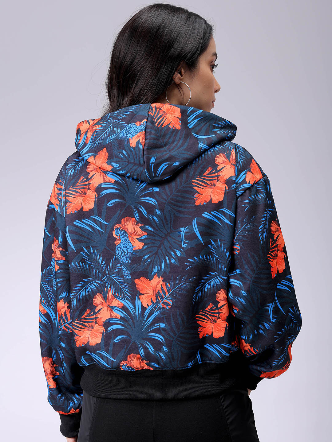 Women's Black Relaxed Fit Floral Hooded Sweatshirt