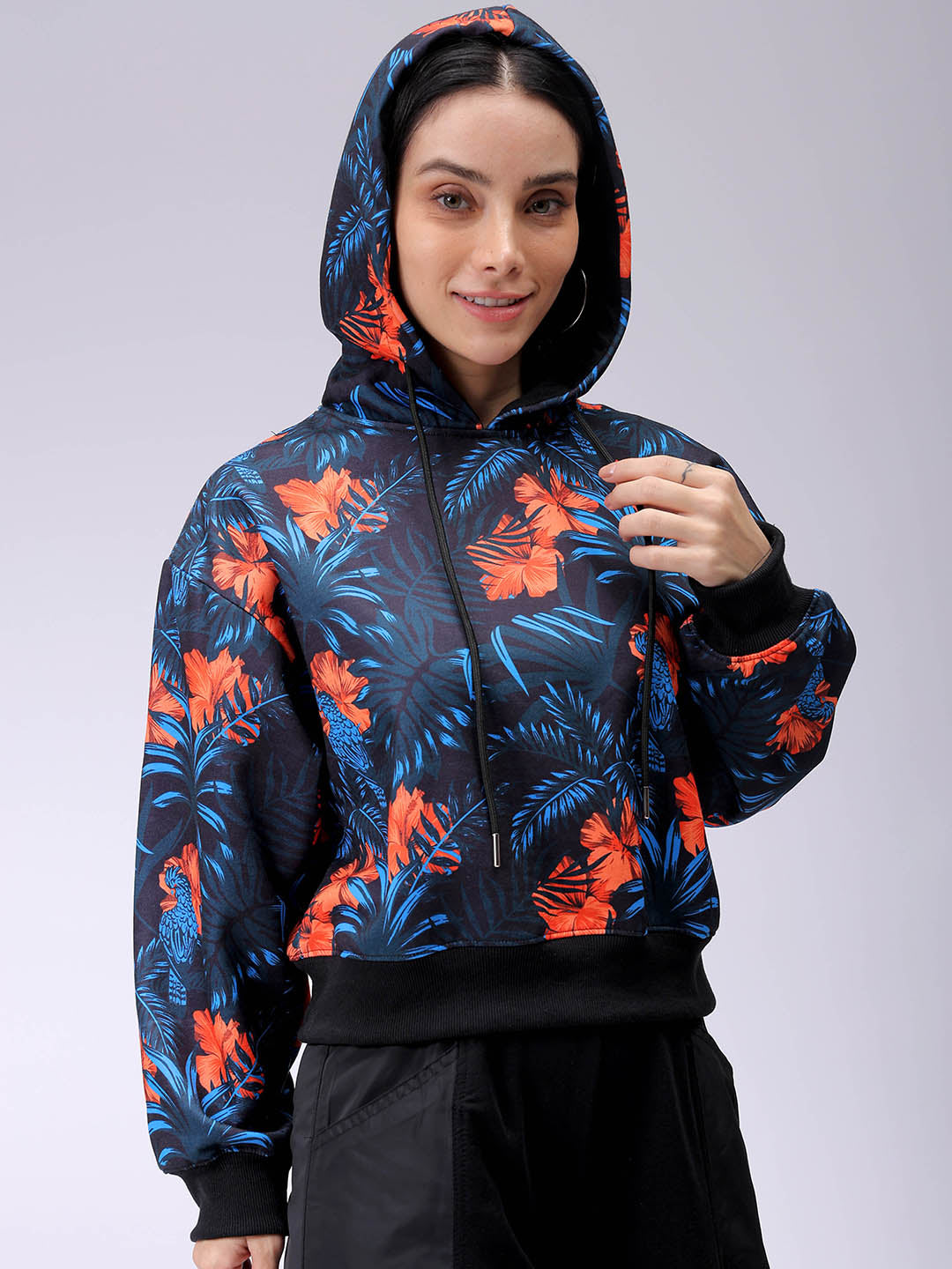 Women's Black Relaxed Fit Floral Hooded Sweatshirt