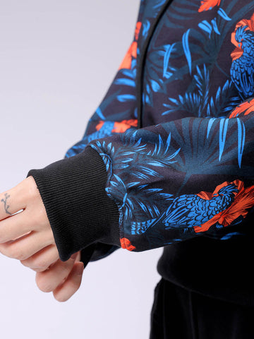 Women's Black Relaxed Fit Floral Hooded Sweatshirt