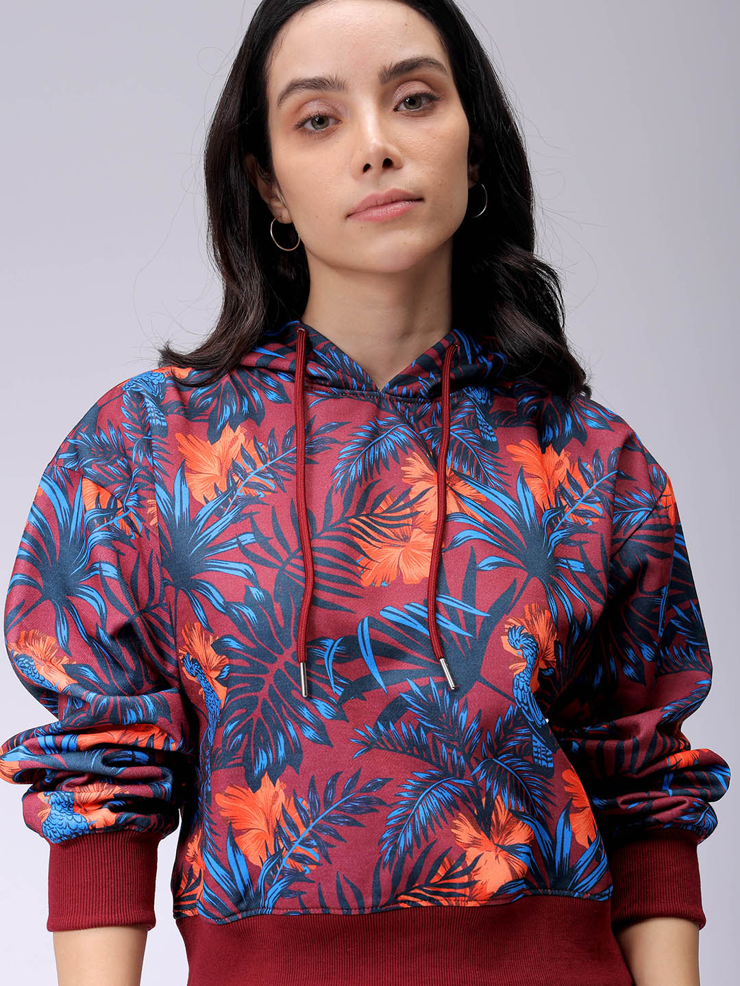 Women's Purple Relaxed Fit Floral Hooded Sweatshirt