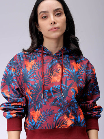 Women's Purple Relaxed Fit Floral Hooded Sweatshirt