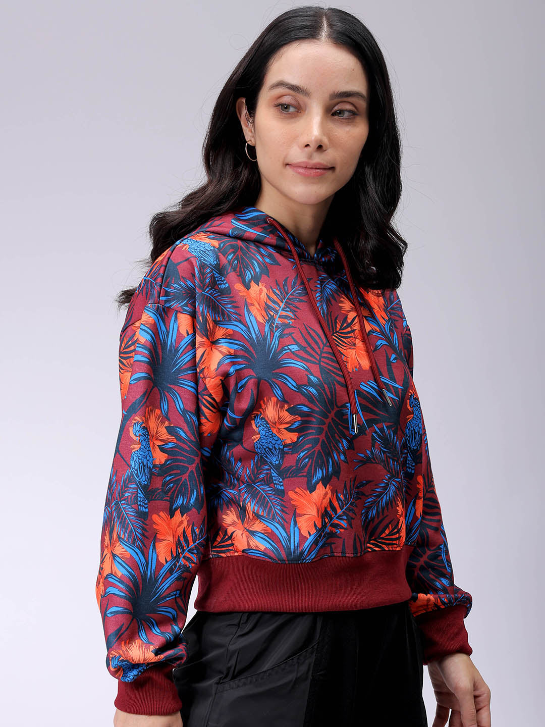 Women's Purple Relaxed Fit Floral Hooded Sweatshirt