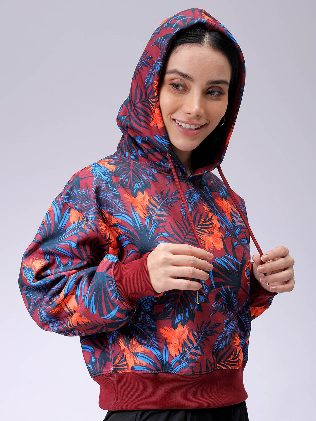 Women's Purple Relaxed Fit Floral Hooded Sweatshirt