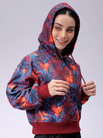 Women's Purple Relaxed Fit Floral Hooded Sweatshirt