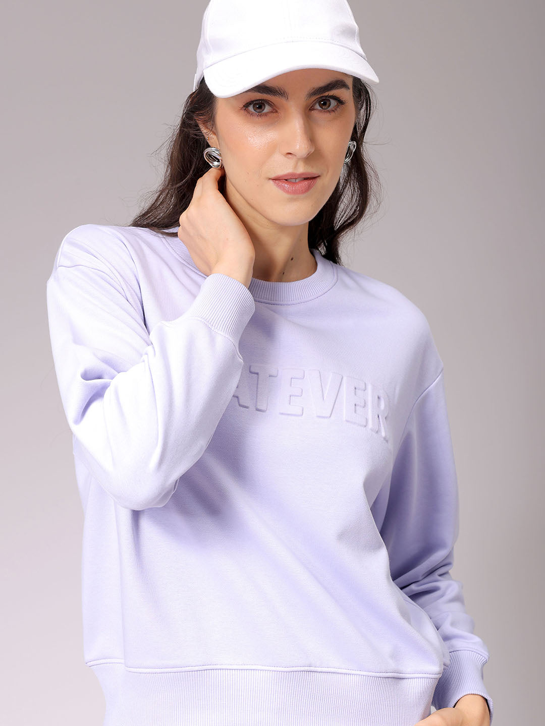 Women's Purple Relaxed Fit Typographic Crewneck Sweatshirt