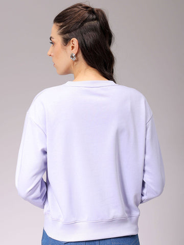 Women's Purple Relaxed Fit Typographic Crewneck Sweatshirt