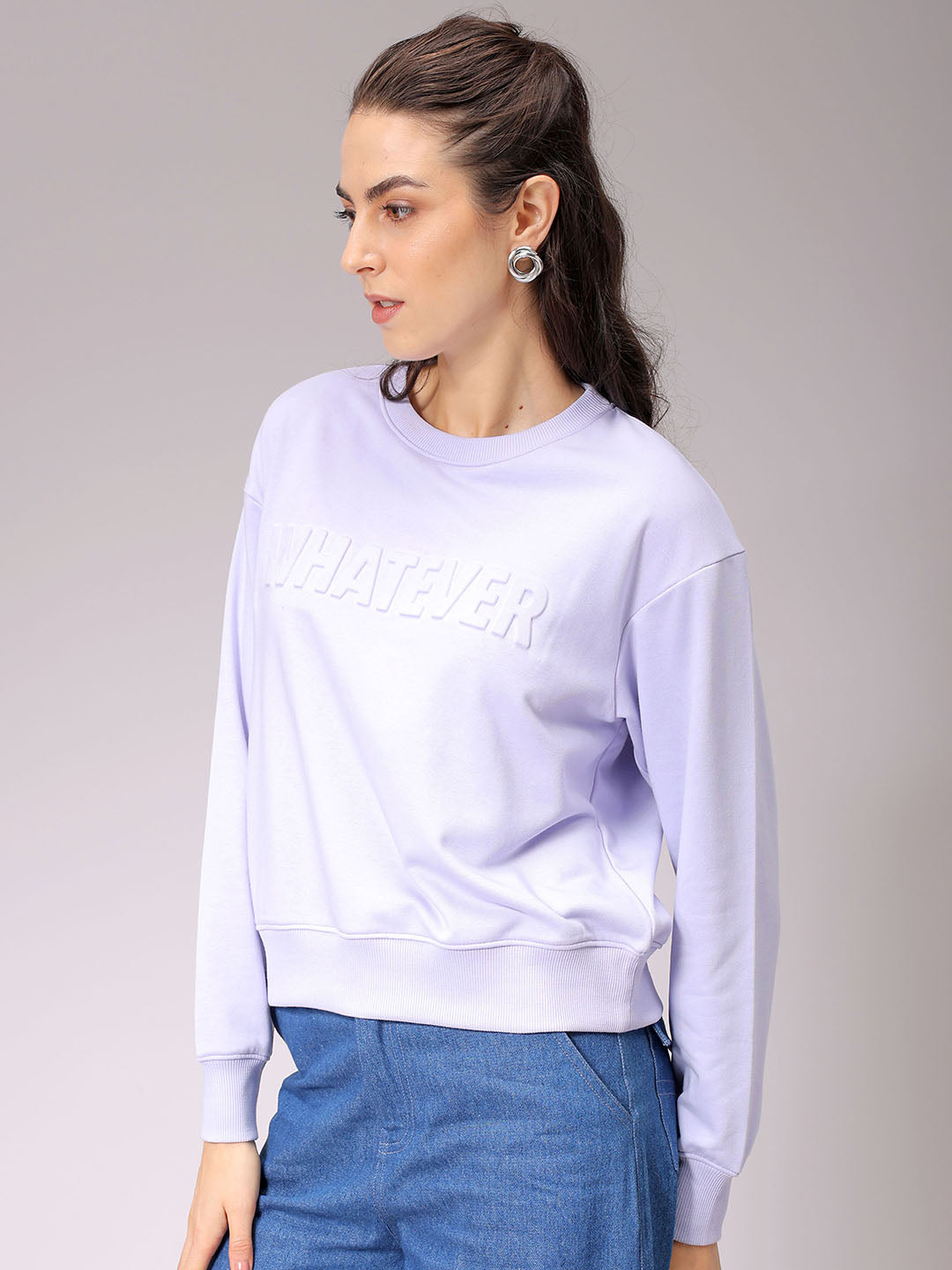 Women's Purple Relaxed Fit Typographic Crewneck Sweatshirt