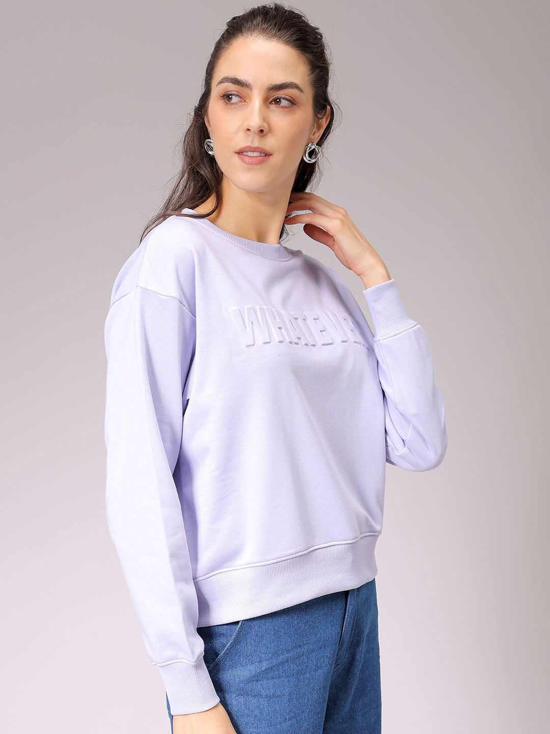 Women's Purple Relaxed Fit Typographic Crewneck Sweatshirt