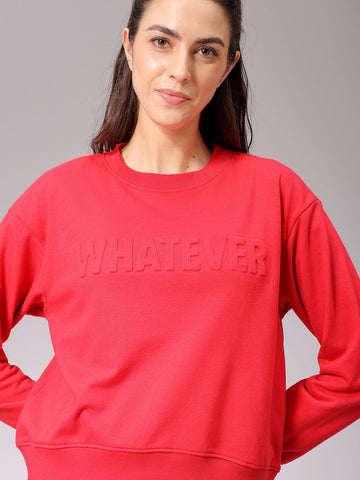 Women's Red Relaxed Fit Typographic Crewneck Sweatshirt