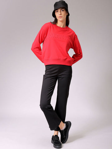 Women's Red Relaxed Fit Typographic Crewneck Sweatshirt