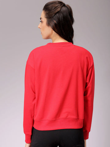 Women's Red Relaxed Fit Typographic Crewneck Sweatshirt