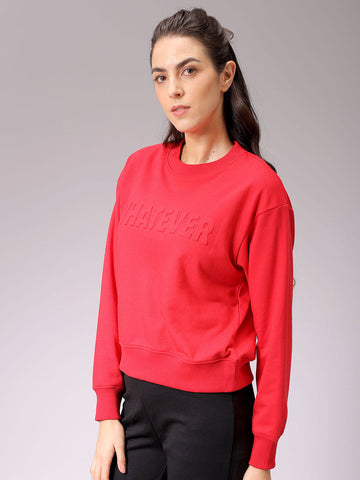 Women's Red Relaxed Fit Typographic Crewneck Sweatshirt