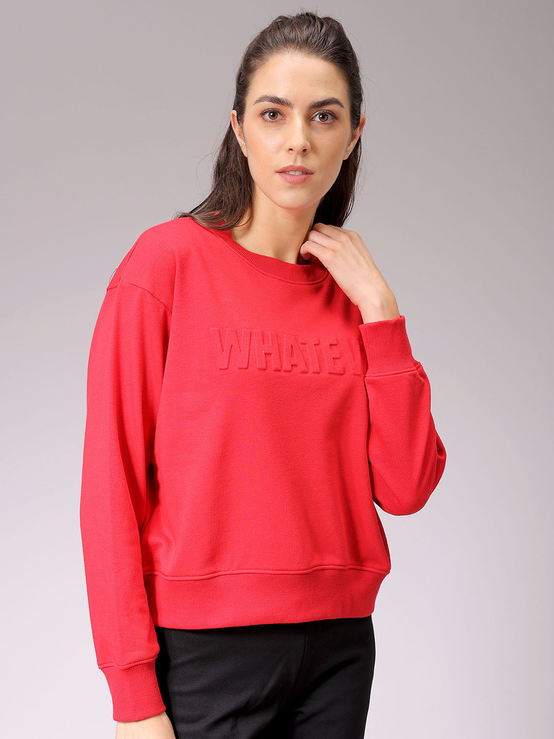 Women's Red Relaxed Fit Typographic Crewneck Sweatshirt