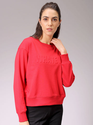 Women's Red Relaxed Fit Typographic Crewneck Sweatshirt