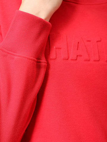 Women's Red Relaxed Fit Typographic Crewneck Sweatshirt