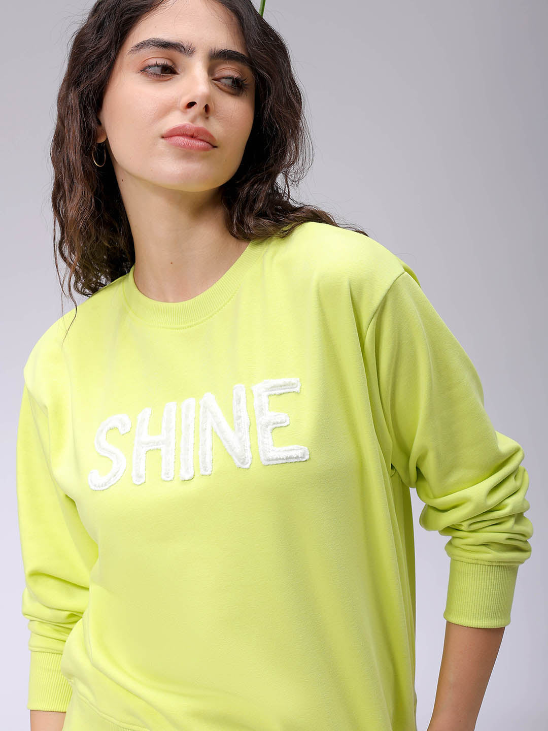 Women's Yellow Relaxed Fit Typographic Crewneck Sweatshirt