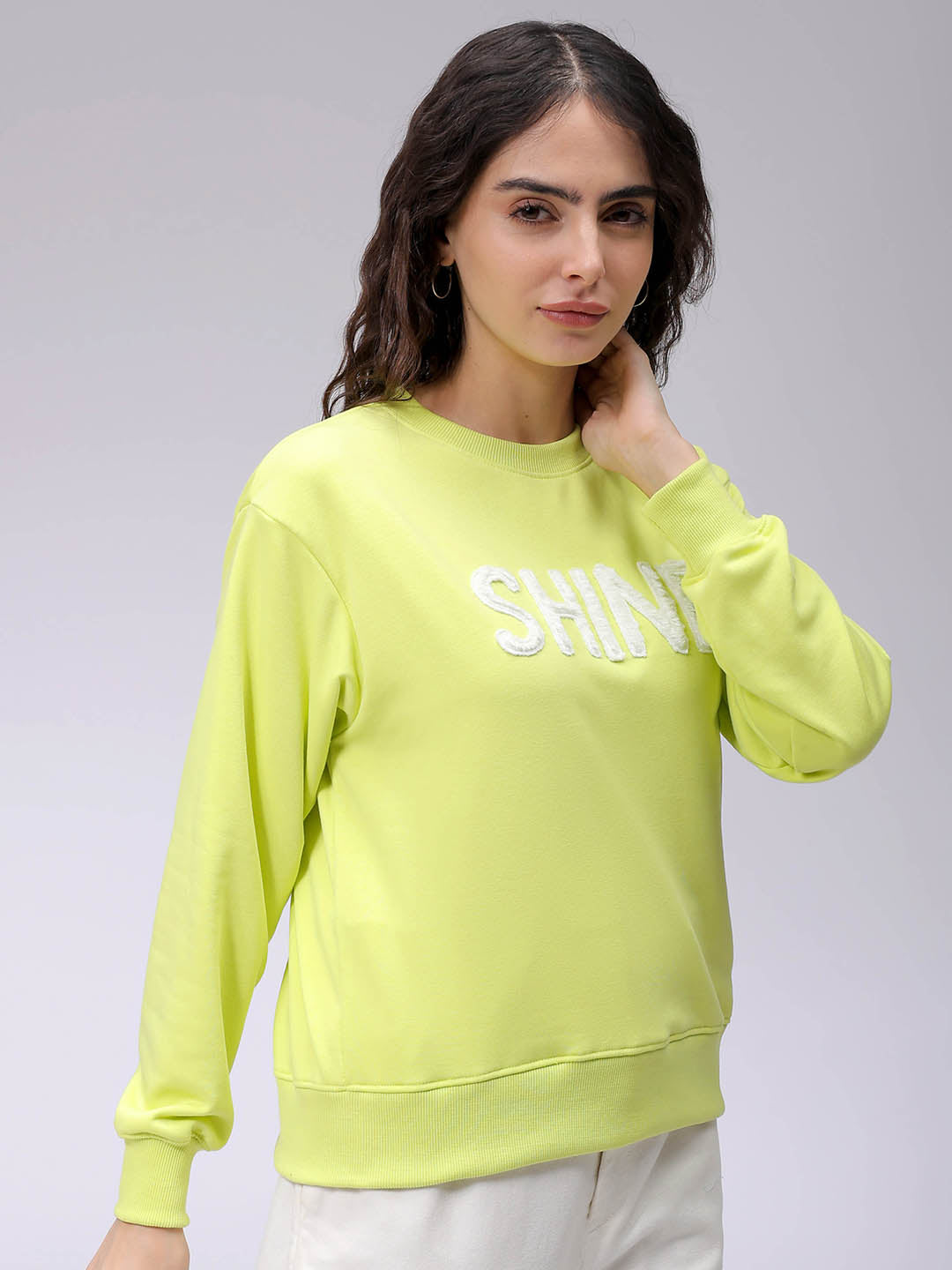 Women's Yellow Relaxed Fit Typographic Crewneck Sweatshirt