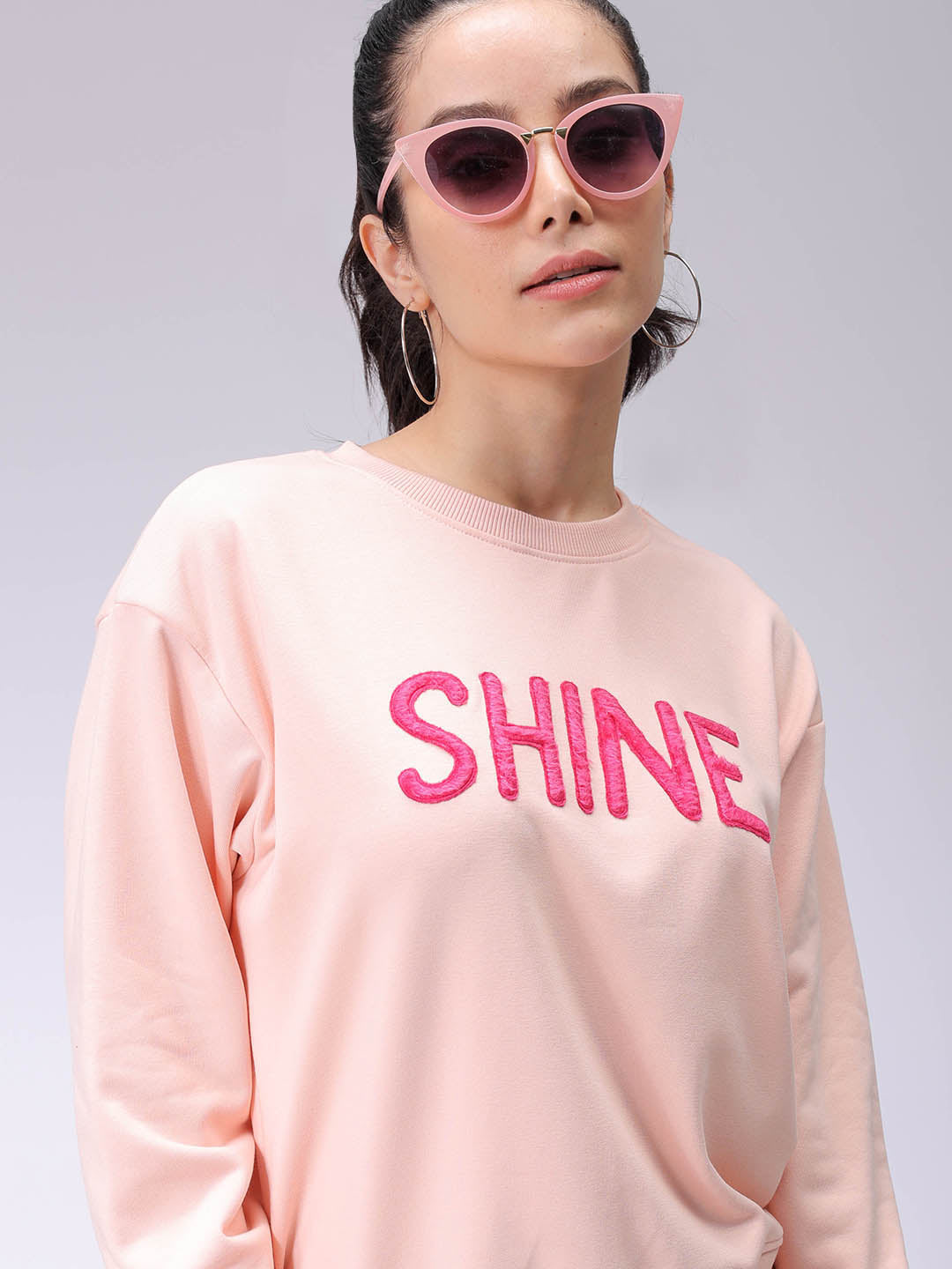Women's Pink Relaxed Fit Typographic Crewneck Sweatshirt