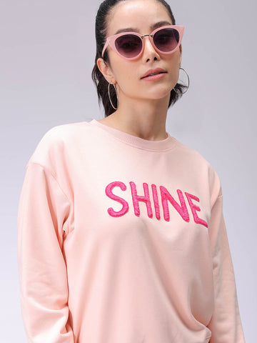 Women's Pink Relaxed Fit Typographic Crewneck Sweatshirt
