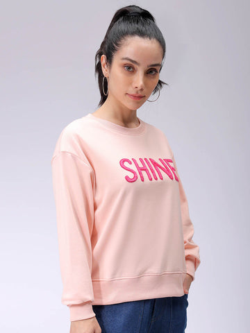 Women's Pink Relaxed Fit Typographic Crewneck Sweatshirt