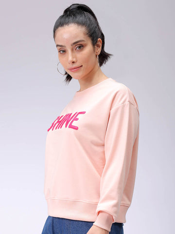 Women's Pink Relaxed Fit Typographic Crewneck Sweatshirt